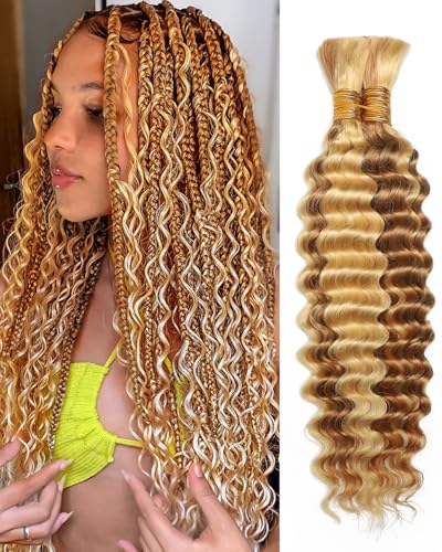 Flagship Human Braiding Hair for Boho Braids 16 Inch 2 Bundles 100g Deep Wave Bulk Human Boho Hair for Braiding 12A Virgin Curly Human Hair for Boho Knotless Braids Human Hair Bundles P27/613