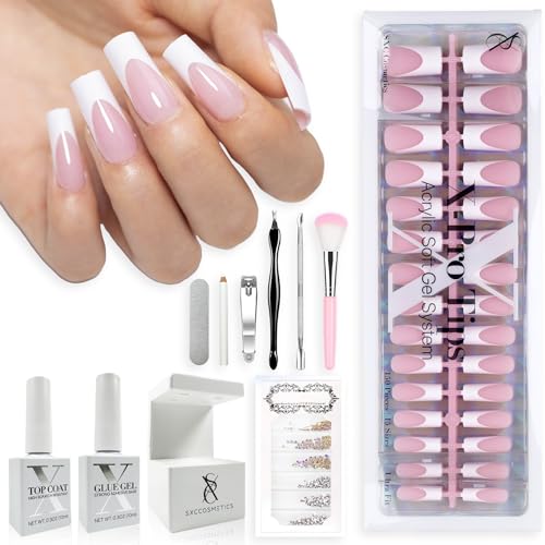 SXC Cosmetics French Tip Press On Nails Pink Series, Medium Square X-Pro Tips Starter Kit