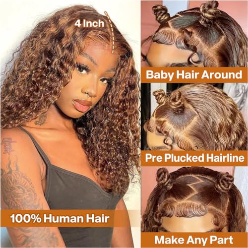 Curly Bob Wig Human Hair Deep Wave 13x4 HD Lace Front Wigs For Black Women Human Hair Pre Plucked Wear And Go Glueless Short Wet And Wavy Ombre Honey Blonde Highlight Color 4/27 14 Inch