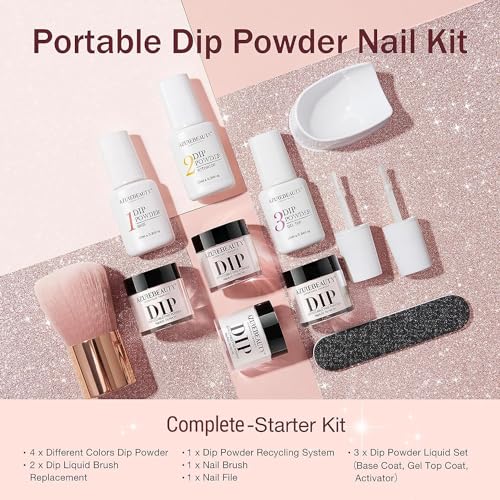 AZUREBEAUTY Dip Powder Nail Kit Starter, All Season Nude Skin Glitter 4 Colors Dipping Powder Liquid Set Recycling Tray with Base & Top Coat Activator for French Nail Art Manicure Salon DIY at Home.