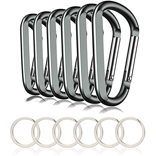 6PCS Carabiner Caribeaner Clip,3" Large Aluminum D Ring Shape Carabeaner with 6PCS Keyring Keychain Hook (Grey)