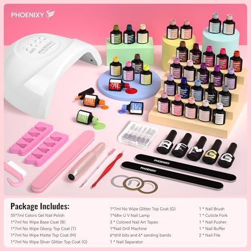 phoenixy 53 Pcs Gel Nail Polish Kit with U V light and Drill, 35 Colours Gel Polish with 5 Pcs Base Top Coat Manicure Starter Nail Polish Set Gifts for Women ST9014