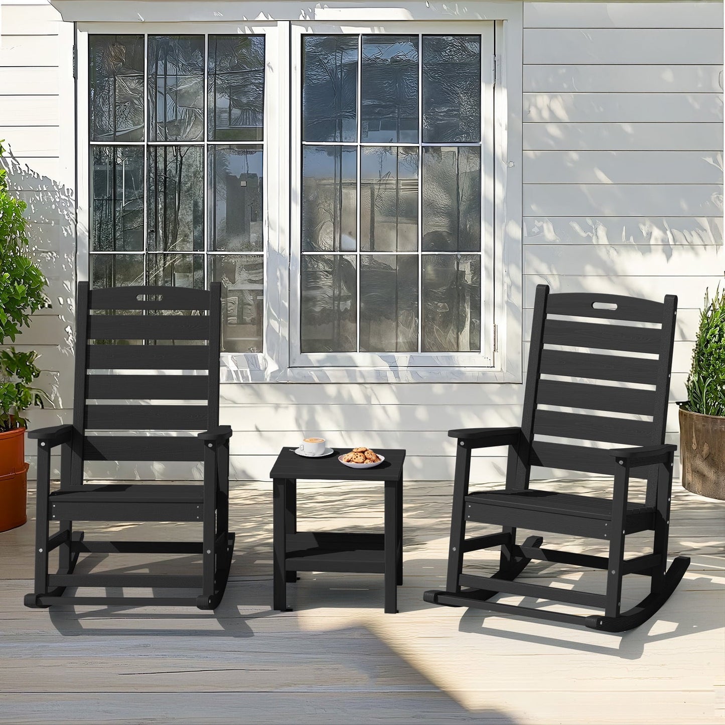JUSTLET Outdoor Rocking Chair with Footrest, High Back HDPE Oversized Adirondack Slat Rocker for Patio,Garden,Lawn,Balcony, Black
