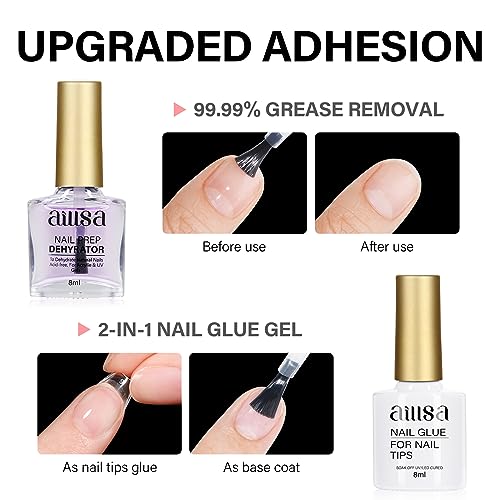 AILLSA Gel Nail Kit Short Almond Nail Tips 240pcs with 2 In 1 Nail Glue Base Coat and Nail Dehydrator, Gel Full Nail Kit with Nail Lamp Top Coat for Starters Home Salon Valentine's Day