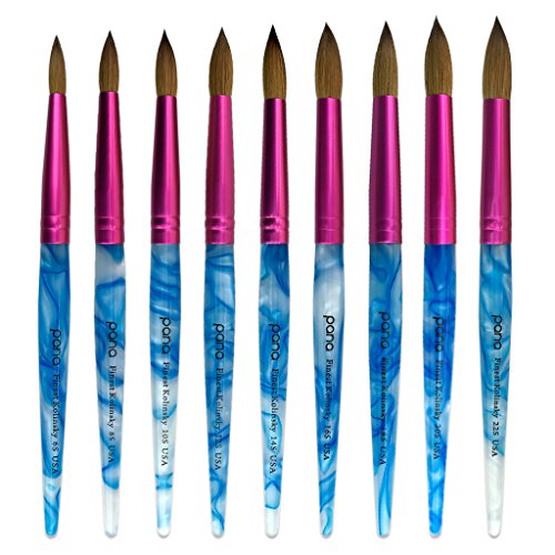 PANA USA Acrylic Nail Brush Pure Kolinsky Hair Acrylic White Swirl Blue Handle with Pink Ferrule Round Shaped - Size 8
