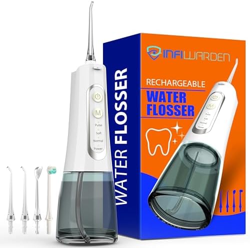 Portable Cordless Water Flosser, Rechargeable Water Dental Flosser with 1500 mAh Battery, IPX7 Waterproof, 4 Modes 4 Jet Tips, Type-C Charging for Travel & Home (White)