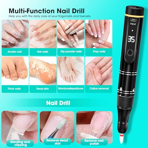 Nail Drill Cordless 35000RPM Rechargeable Professional Electric Nail Drill Kit Wireless Nail File Drill Acrylic Drill for Acrylic Gel Nails Manicure Pedicure Polishing Remover