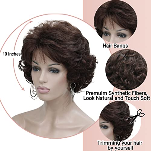 Kalyss Dark Brown Short Curly Wavy Wig with Hair Bangs 100% Imported Premium Synthetic Fashion Brown Hair Wigs for Women (Brown)