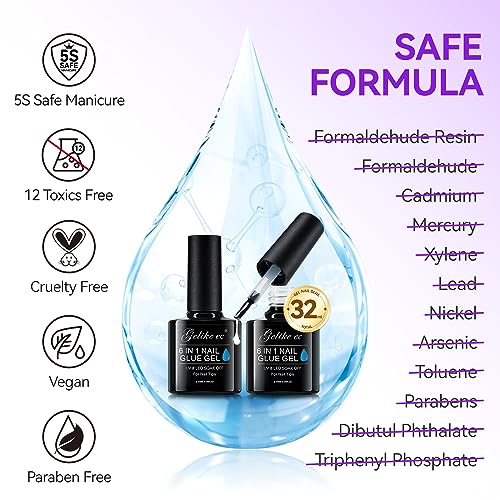 Gelike EC Gel Nail Glue UV Light: 2PCS 6 in 1 Adhesive Polish, Strong Glue for Press On Nails Acrylic Tips, Long Last Kit Blooming Gel Gift for Home Salon DIY 32ML