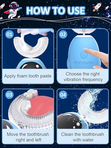 FTOYIN Kids Electric Toothbrush with 3 Brush Heads, U Shaped Ultrasonic Toothbrush Kids with 5 Modes, 45s Smart Reminder, 360-Degree Automatic Cleaning, IPX7 Waterproof Design