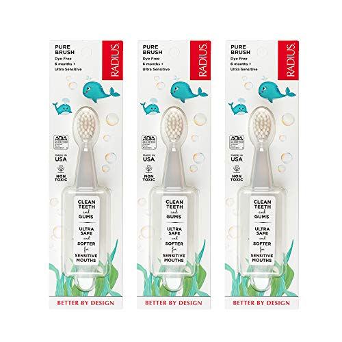 RADIUS Children's Toothbrush, Pure Brush, Ultra Soft Bristles, Clear, BPA Free & ADA Accepted, Designed for Delicate Teeth & Gums for Children 6 Months & Up, Pack of 3