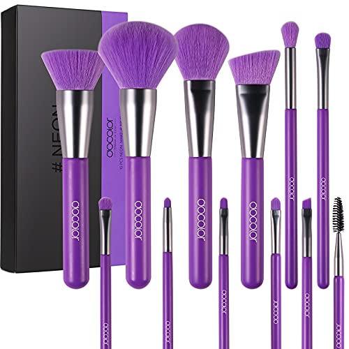 Docolor Makeup Brushes 10Pcs Makeup Brush Set Premium Synthetic Powder Kabuki Foundation Contour Blush Concealer Eye Shadow Blending Liner Make Up Brush Kit - Neon Purple