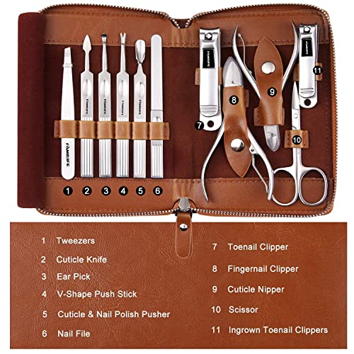 FAMILIFE Manicure Set, Professional Manicure Kit Nail Clippers Set 11 in 1 Stainless Steel Pedicure Tools Nail Kit Men Grooming Tool with Portable Brown Leather Travel Case Luxury Gifts for Him