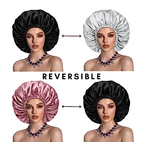 Satin Bonnet Silk Hair Cap: 2pcs Double Layer Reversible Extra Large Jumbo Adjustable Satin Lined Stainless Oversized Bonnets Sleep Night Cap No Slip-Off for Women Braids Sleeping (Black+Rosegold)