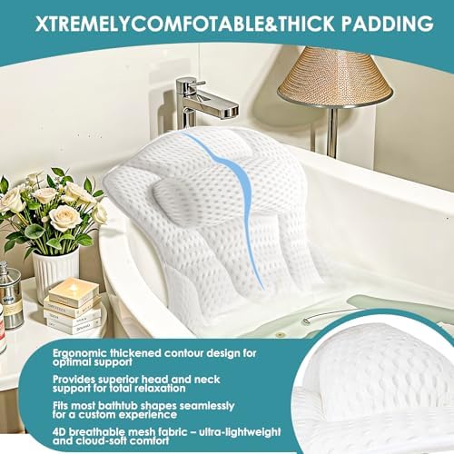 Bath Pillow Bathtub Pillow, Luxury Bath Pillow for Neck and Back Support - with Comfortable 5D Breathable Cotton and Non-Slip Suction Cup Bathtub Accessories - Spa Bath Mat Gifts for Women