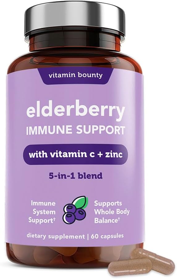 Vitamin Bounty Elderberry Organic Elderberry Capsules for Adults - Elderberry Vitamin C and Zinc Supplement, & Echinacea, Immune System Support, Advanced 5-in-1 Blend, Non-GMO - 60 Capsules