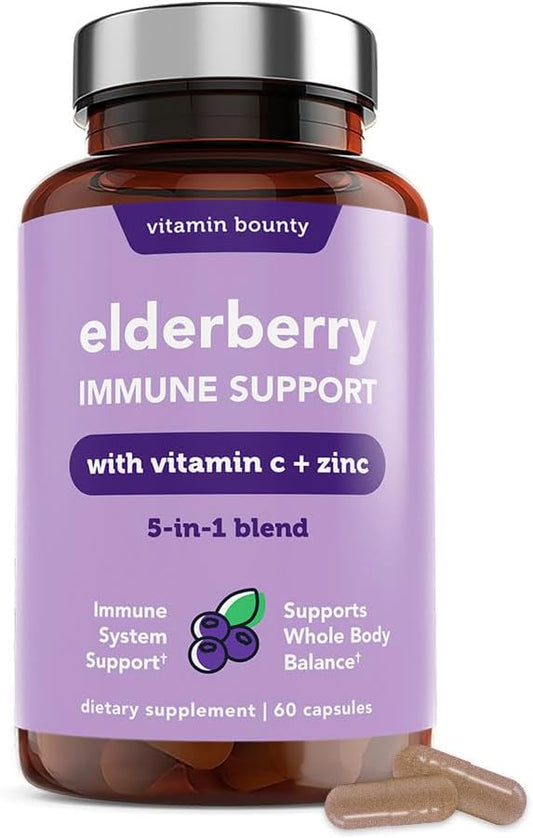 Vitamin Bounty Elderberry Organic Elderberry Capsules for Adults - Elderberry Vitamin C and Zinc Supplement, & Echinacea, Immune System Support, Advanced 5-in-1 Blend, Non-GMO - 60 Capsules