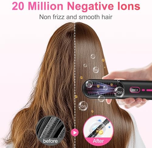 Cordless Hair Straightener Brush - [200M Negative Ions] Portable Straightening Brush for Women, USB Rechargeable, Anti-Scald, Fast Heating Mini Straightener Comb for Travel Car Outdoor, Black