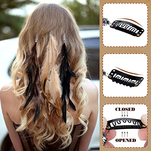 Geyoga 12 Pcs Feather Hair Extensions Colored Clip in Hair Feathers for Women Carnival Cosplay Costume Summer Party Headdress Boho Feather Clip Accessory Gifts(Brown, Black, Dark Coffee,Standard)