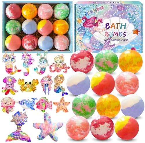 Bath Bombs for Kids with Surprise Inside, 12pcs Kids Bath Bombs with Mermaid Toys Gift Set for Girls, Shea & Coco Butter Dry Skin Moisturize, Handmade Fizzies Bubble Spa Bath Ball for Birthday Easter