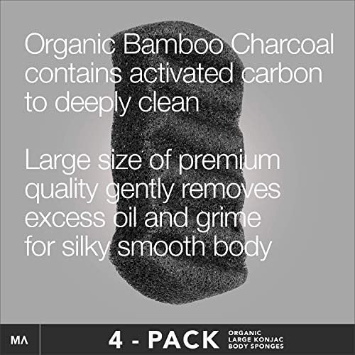 Minamul Konjac Exfoliating Organic Body Sponge | Gentle Daily Body face Scrub/Skincare | Infused with Best Bamboo Activated Charcoal | Safe for Oily, Dry, Combination or Sensitive Skin | 4 Pack Set