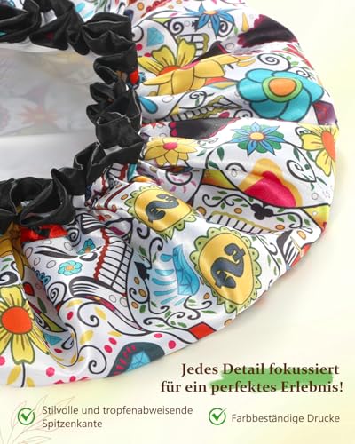 mikimini Shower Cap for Women Reusable Waterproof, Hair Cap for Shower with Double Layers, Stylish Vibrant Designed Shower Bonnet for Medium Thick Hair, Medium, 2 Pieces