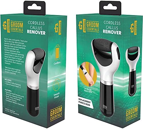 Groom Essentials Mens Callus Remover for Feet | Battery-Operated Electric Foot Callus Remover, Foot File | Pedicure Tools for Feet – 2 Spinning Pumice Heads for Cracked Skin | Pumice Stone for Feet