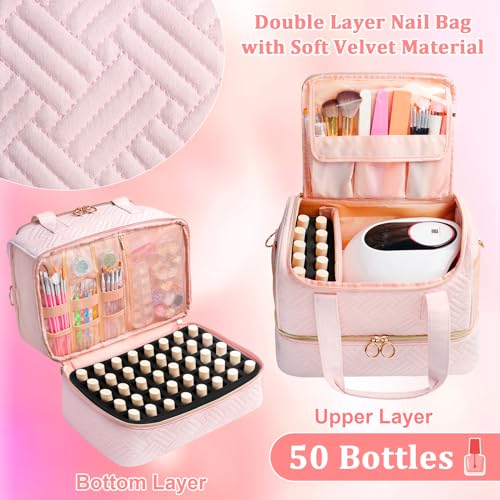 Nail Polish Organizer Bag Holds 50 Bottles (15ml/0.5fl.oz)& Nail Lamp, Soft Velvet Nail Kit Storage Carrying Case with Shoulder Strap, Double Layer Nail Supplies Organizer Handbag Women (Pink)