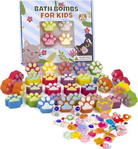 Bath Bombs for Kids with Surprise Inside, 32 Pack Paw Bath Bombs with Toy, Ocean Animals and Space Planet Toys SPA Fizzy Handmade Natural Bath Bomb Gift Set at Christmas, Birthday