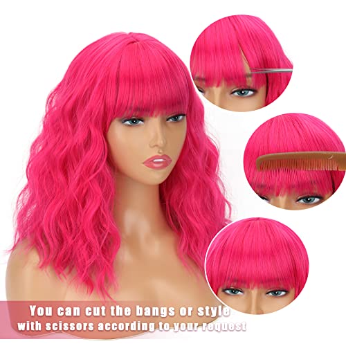 Short Pink Wigs for Women Short Wavy Hot Pink Wigs with Bangs Synthetic Curly Bob Wig Curly Shoulder Length Cosplay Wig for Women Girls