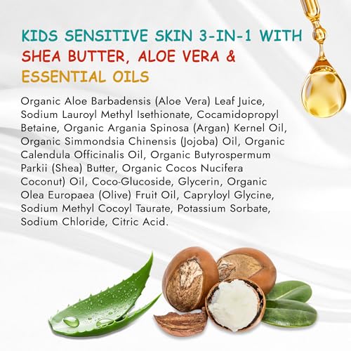 Kidlife Natural Bath Time 3 In 1 Shea & Organic Aloe Body Wash- No Phenoxyethanol Unscented 15 Oz. Kids Head to Toe All in one Bath and body Soap. Bubble Bath, Bodywash and Shampoo by KJ3 Essentials