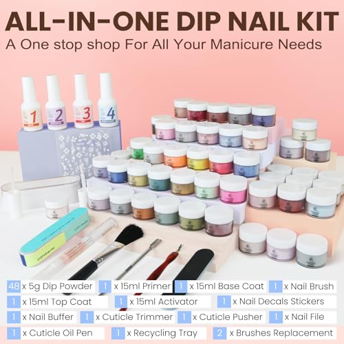 Lavender Violets Dip Powder Nail Kit: 48 Colors Pink Green Blue Orange Yellow with Dip Powder Liquid Set and Essential Manicure Tools for Home Salon Manicure G905