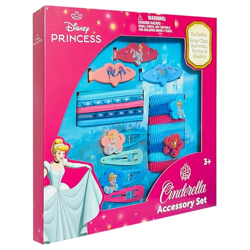 Luv Her Girls' Hair Accessories Set - 20 Pack Featuring Disney Cinderella - Includes 3 Barrettes, 4 Snap Clips, 5 Elastics, 8 Terry Ponies - Everyday Wear, Special Occasions, Ages 3+
