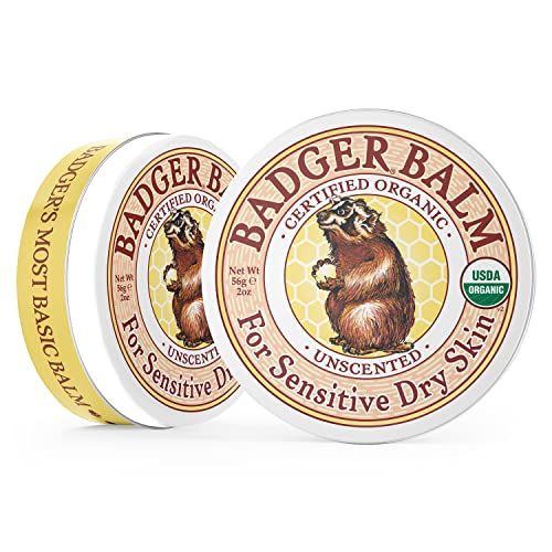 Badger Balm Unscented, 100% Organic Olive Oil & Beeswax, Fragrance Free Hand Cream, Long Lasting Sensitive Skin Moisturizer, 2 oz Tin, 2-Pack