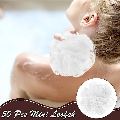50 Pcs Loofah Sponge Bulk Mini Shower Sponge 3 Inch Loofahs Shower Pouf Mesh Shower Ball for Women Kids Men Exfoliating Bath Scrubber Travel Size Shower Gift(White)