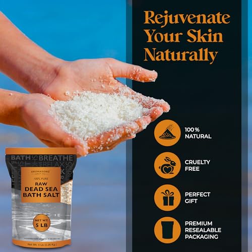 Aromasong Raw Dead Sea Bath Salt - Minimally Cleaned, Contains More Dead Sea Minerals Including Dead Sea Mud - 100% Pure & Natural Dead Sea Salts for Soaking 5 LB - Bulk Resealable Pack
