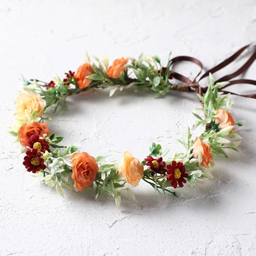 Floral Crown Women Girls - Orange Boho Floral Headpiece with White Green Leaves Charming Fairy Flower Headband for Wedding Photo Shoot Festivals