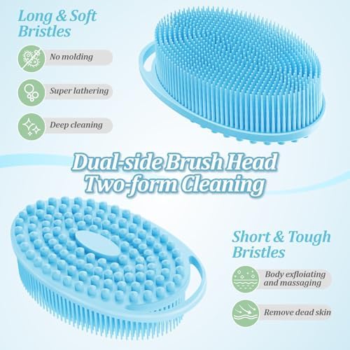 Soft Silicone Body Scrubber 4PCS, 2-in-1 Bath & Shampoo Brush with Dual-Side Usage, Hygienic Silicone Loofah Shower Scrubber for Gentle Exfoliating & Good Lathering(Black/Pink/Blue*2)