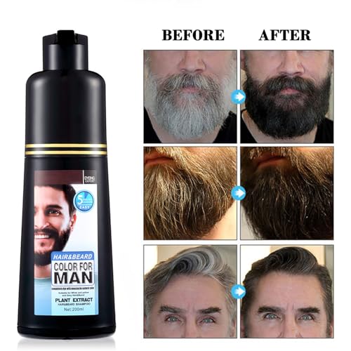 Men's Mustache & Beard Dye for Gray Hair Coverage - Natural Black Color in 5 Minutes, Easy Application Shampoo for Facial Hair 200ml