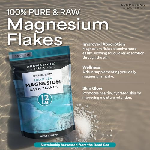 Aromasong Magnesium Flakes for Bath from The Dead Sea- 12 LB Resealable Pack Magnesium Chloride Flakes -Organic Bath Salt Muscle Relaxing Mineral Soak (Packaging May Vary)