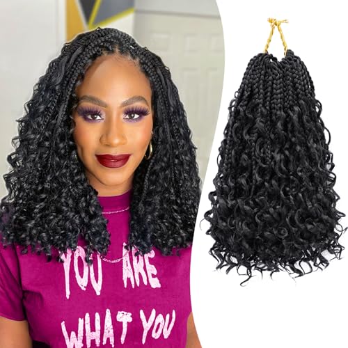 8 Packs Goddess Box Braids 10 Inch Pre-looped Bohemian Crochet Boho Box Braids With Curly Ends 3X Crochet Braids Hair for Women Synthetic Braiding Hair 16 Strands (#1B)