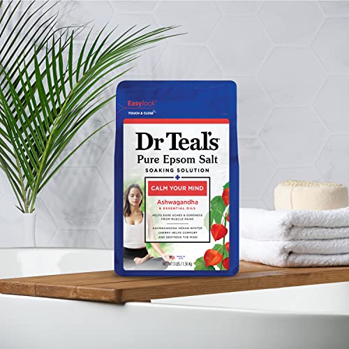 Dr Teal's Pure Epsom Salt, Ashwagandha & Essential Oils, 3 lbs (Pack of 4)