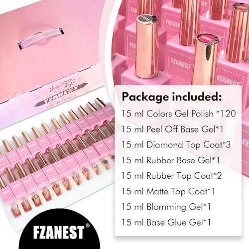 FZANEST 130Pcs 15ml Gel Nail Polish Set With Rubber Base Top Matte Coat 120 Colors Pink Nude Red Blue White All Seasons Gel Polish Kit Nail Art Starter For Nail Salon Home Gifts for Women and Girls