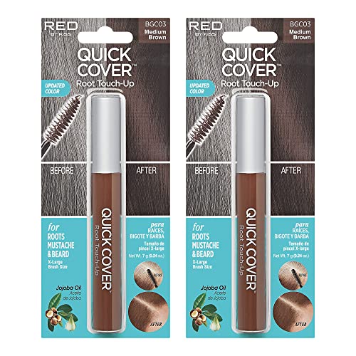 RED by KISS Quick Cover Root Touch Up Rescue (Medium Brown 2 Pack), Mascara Natural Water-Resistant Temporary Gray Concealer Cover Up Brush for Hair Mustache & Beard, Formulated with Jojoba Oil