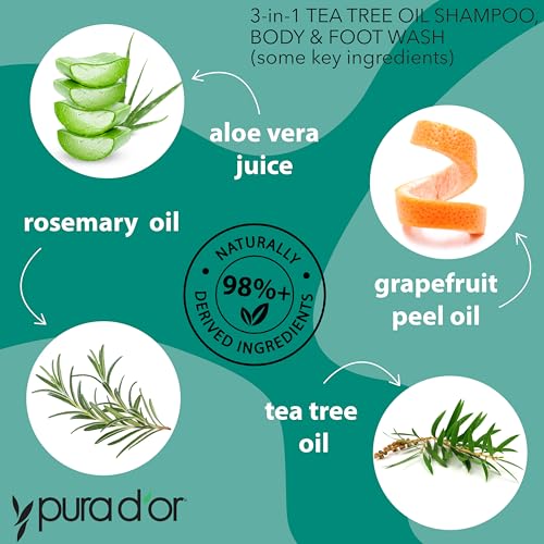 PURA D'OR 16 Oz 3-in-1 Tea Tree Shampoo, Body & Foot Wash, Shampoo - Total Body Care - Foot Odor & Daily Hygiene, Cleansing Routine, Post-Workout Refreshment - Soothes, Invigorates, Nourishes