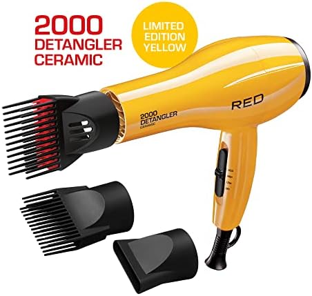 RED by KISS 2000 Ceramic Hair Dryer, Professional Salon Blow Dryer 3 Attachments Included, 2 Detangler Piks, 1 Air Concentrator (Yellow)