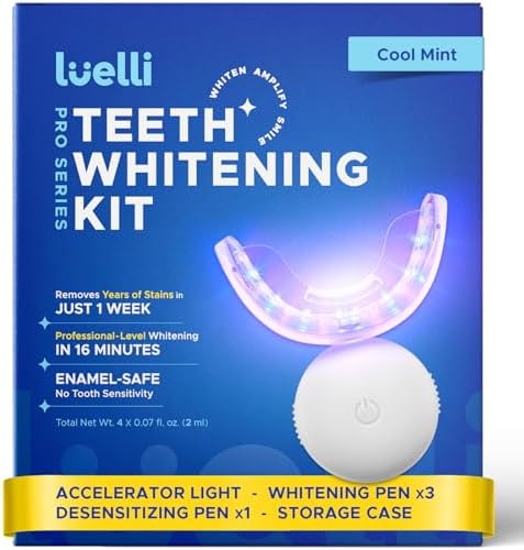 Luelli Teeth Whitening Kit with 35% Carbamide Peroxide - Teeth Whitener for Sensitive Teeth | Enamel Safe - 32 LED Lights - Wireless with Tray and Whitening Gel Pen for Home | Travel (Cool Mint)