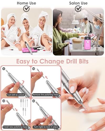 Portable Nail Drill Professional: 45000 RPM Rechargeable Electric Nail Drills Machine with 6 Bits, Drill para Uñas Profesional E File for Acrylic, Gel Nails, Manicure & Pedicure - Salon & Home Use
