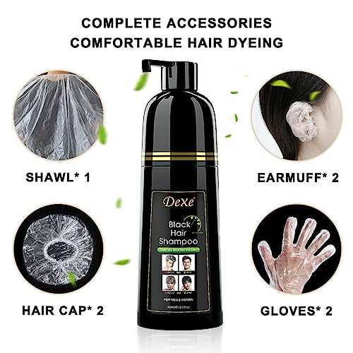 DEXE Black Hair Dye Shampoo for Gray Hair Coverage,Hair Color Shampoo for Men/Women,3 in 1-100% Grey Cover,Permanent Hair Shampoo,Herbal Ingredients and Ammonia Free,400ML(14 Fl oz)