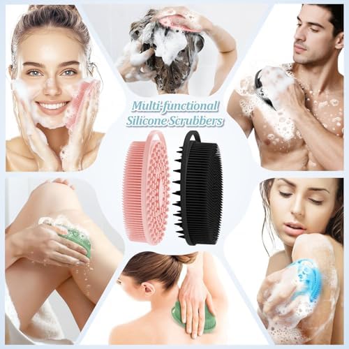 Soft Silicone Body Scrubber 4PCS, 2-in-1 Bath & Shampoo Brush with Dual-Side Usage, Hygienic Silicone Loofah Shower Scrubber for Gentle Exfoliating & Good Lathering(Black/Pink/Blue*2)